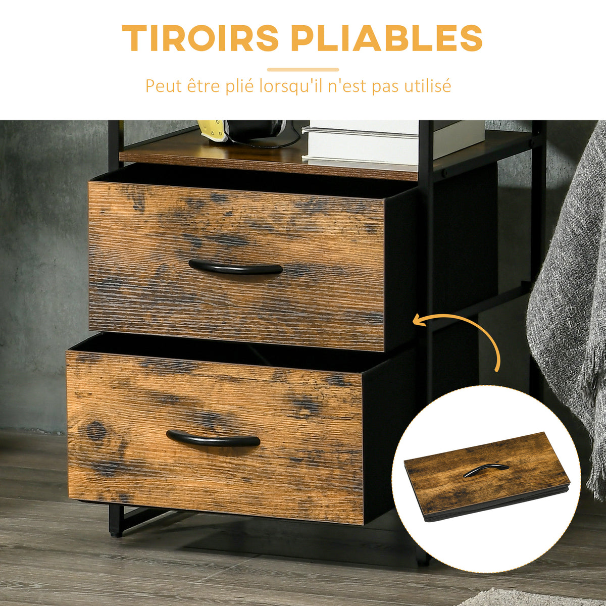Table de Chevet avec 2 Tiroirs Tissus Table d'appoint petit Meuble de Rangement Style Industriel Commode 2 tiroirs - 45 x 40 x 70,5 cm - Bois et métal-4