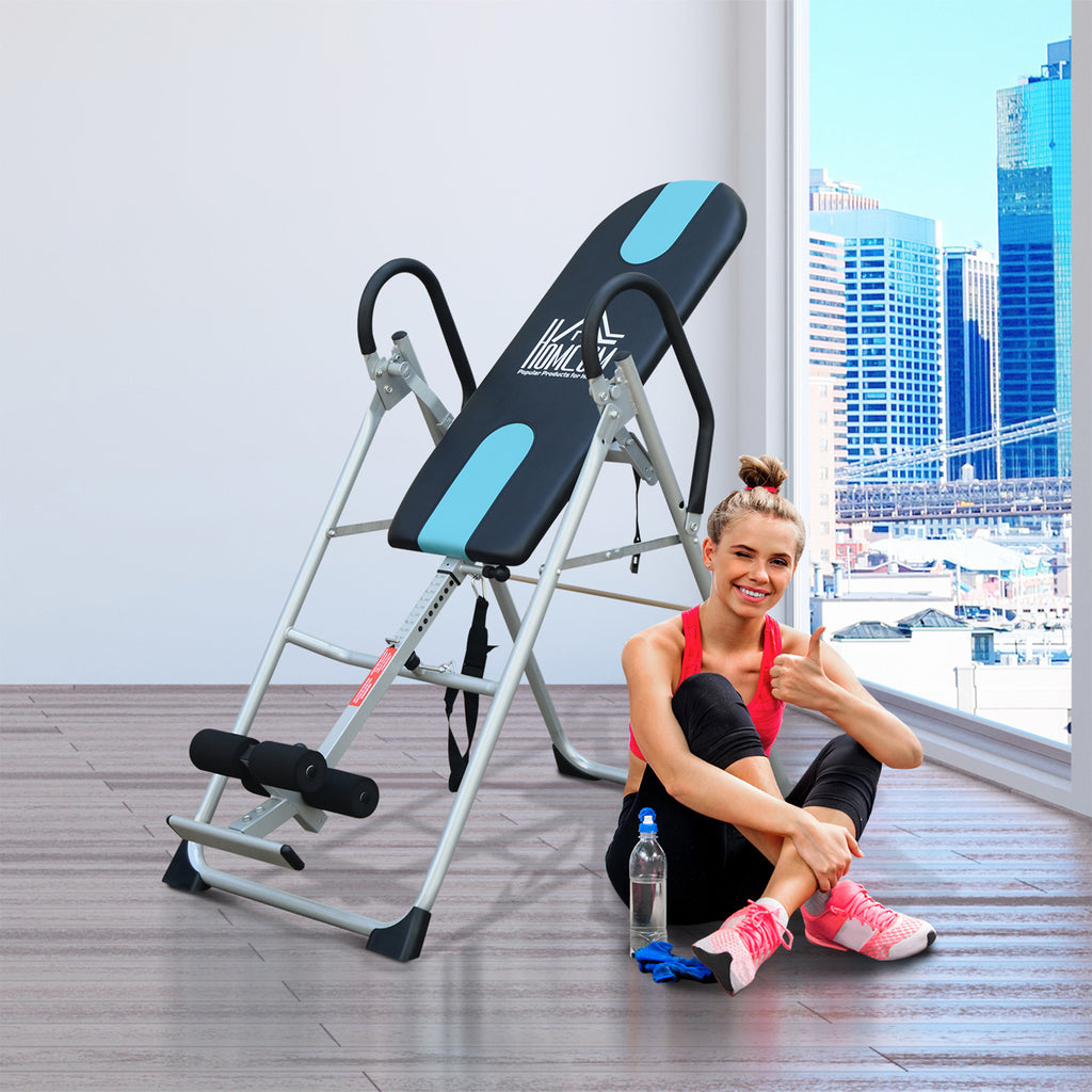 Table d'inversion de musculation pliable ceinture de sécurité réglable acier coloris argent noir-1