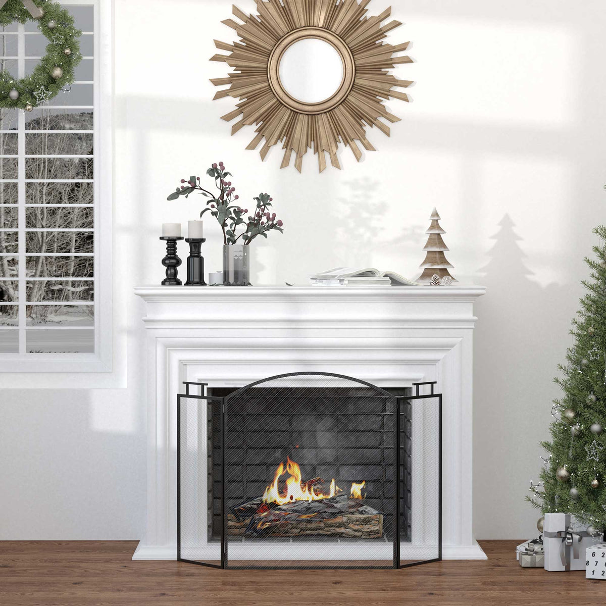 Pare-feu pour cheminée ou poêle - Pare-étincelles 3 Volets Pliables - dim. 110l x 24P x 76,5H cm - Acier métal Noir-1