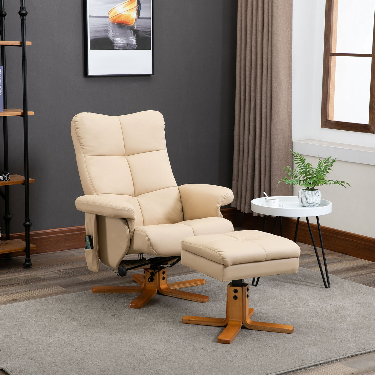 Fauteuil relax massant avec pouf, fauteuil de relaxation pivotant à 360°, dossier inclinable, 80 x 86 x 99 cm, crème-1
