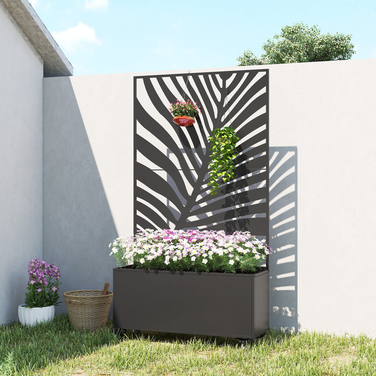 Jardinière avec treillis, bac à fleurs, avec brise-vue et roulettes verrouillables, métal, 90 x 30 x 160 cm, noir-9