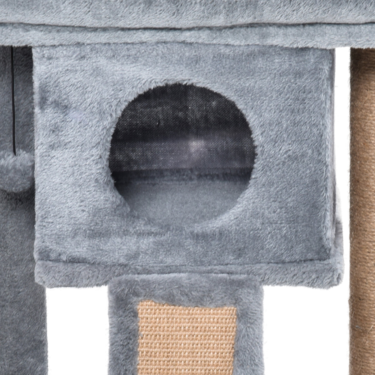 Arbre à chat hauteur de 57 cm avec griffoir en jute, niche, plateforme et balle de jeu, en tissu peluche gris clair-9