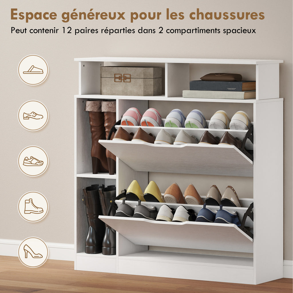 Meuble à chaussures, armoire à chaussures, 2 tiroirs rabattables, compartiments ouverts et étagère réglable, blanc-4