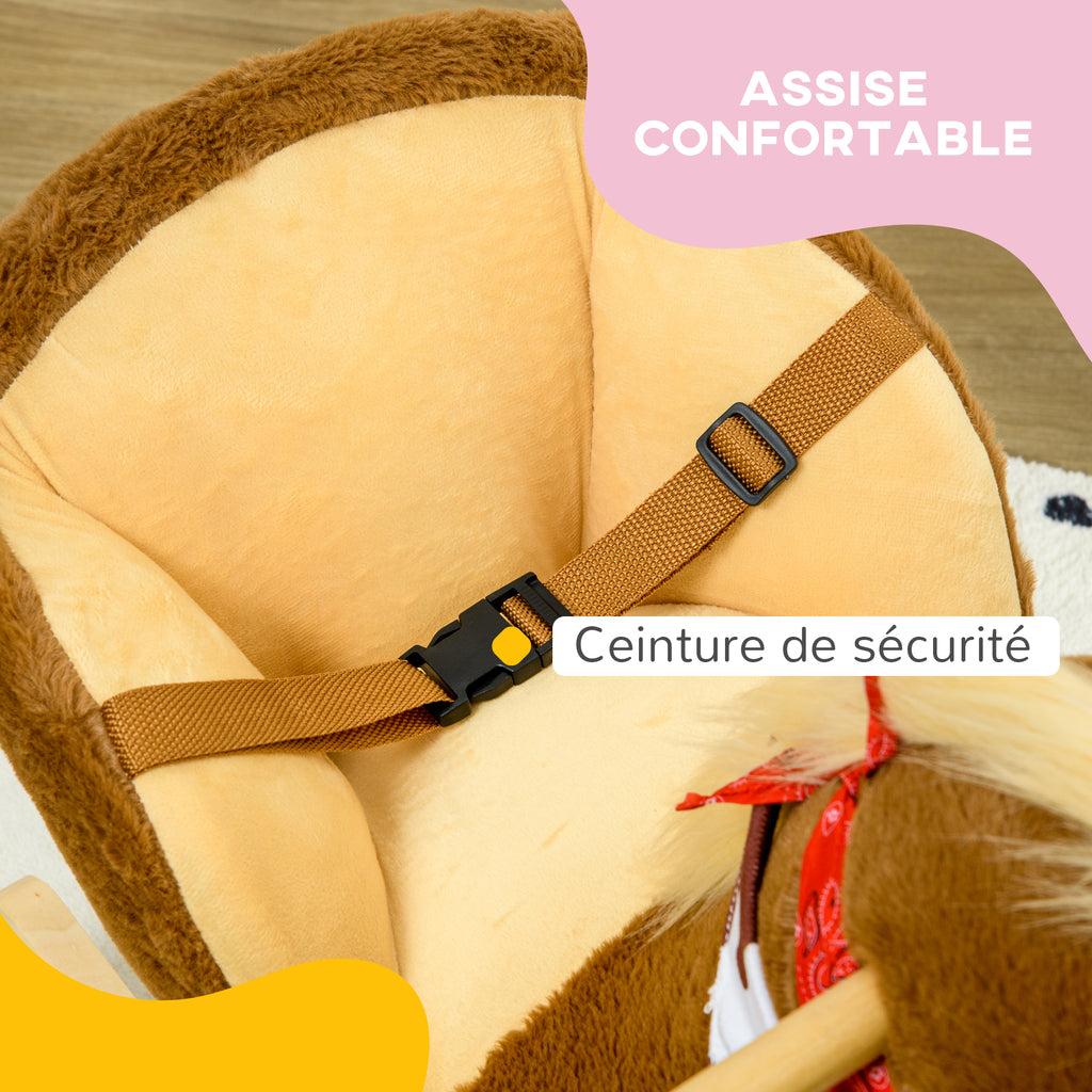 Cheval à bascule jouet à bascule fauteuil intégré ceinture de sécurité fonction sonore hennissement 18-36 mois marron-5