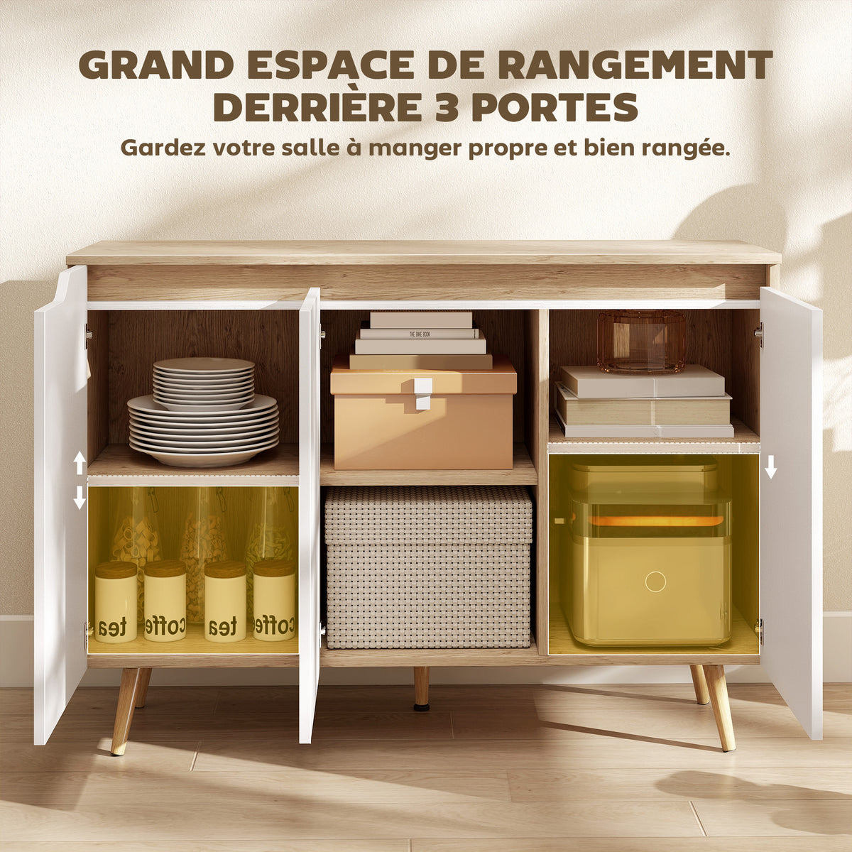Buffet salon, meuble de rangement, 3 portes, étagères réglables et pieds en bois d'hévéa, 107x35x76,5cm, blanc et chêne-4
