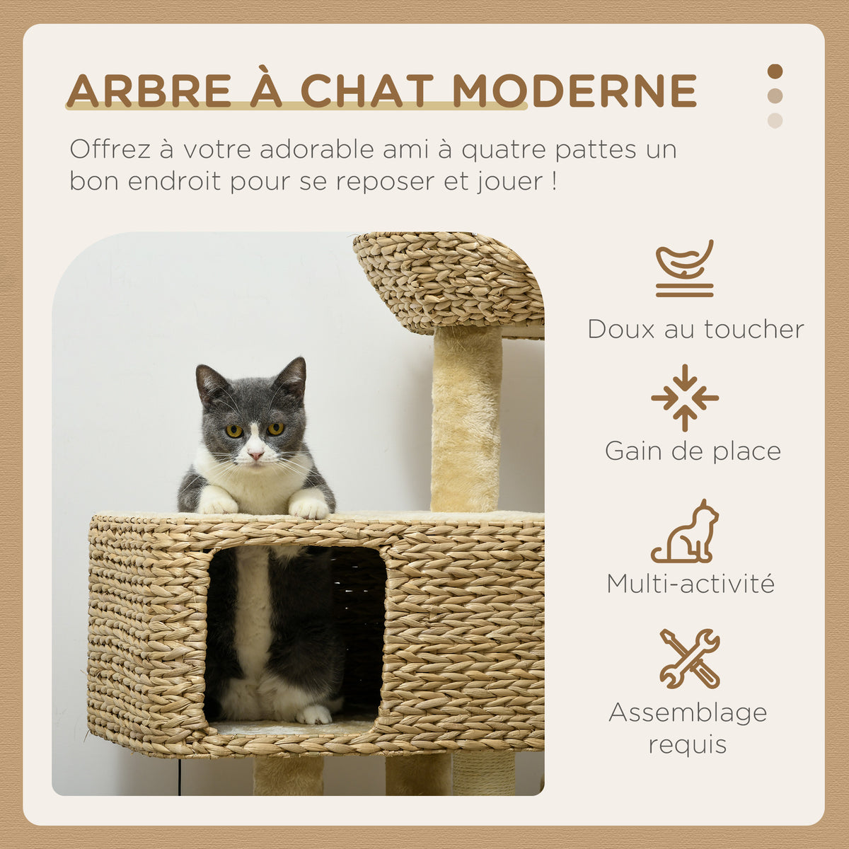 Arbre à chat avec griffoir niche panier d'observation plateformes pompon suspendus 60 x 40 x 98 cm beige-3