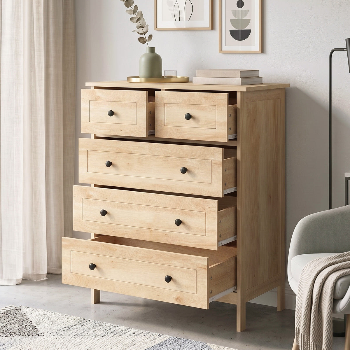 Commode meuble de rangement 5 tiroirs pour chambre, bureau, entrée, chêne et poignée métal noir-6
