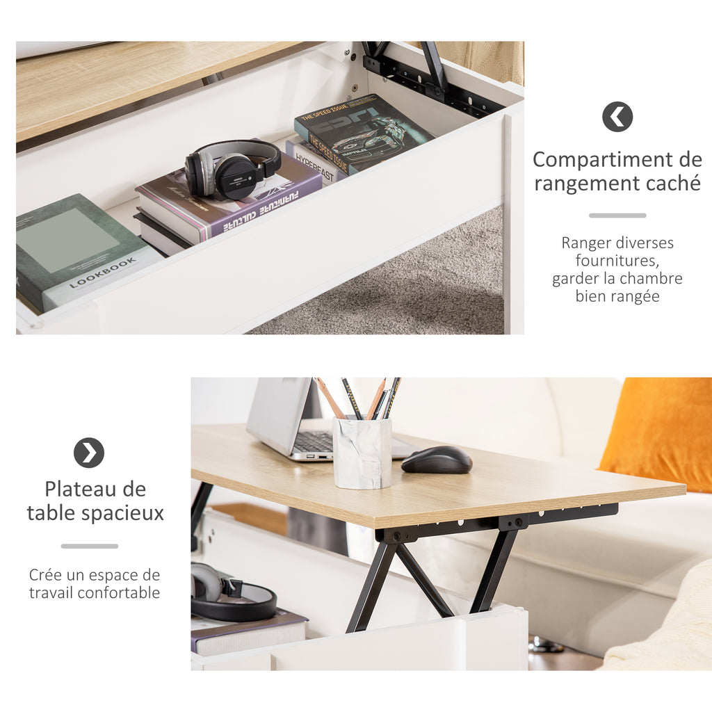 Table basse relevable, table de salon avec compartiment caché, style moderne, pour salon, bureau, 100x50x45cm, blanc-4