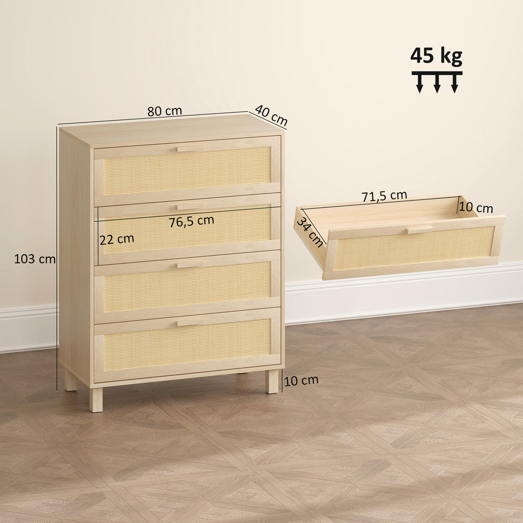 Commode 4 tiroirs cannage en rotin dim. 80L x 40l x 103H cm MDF Aspect Bois Clair-2