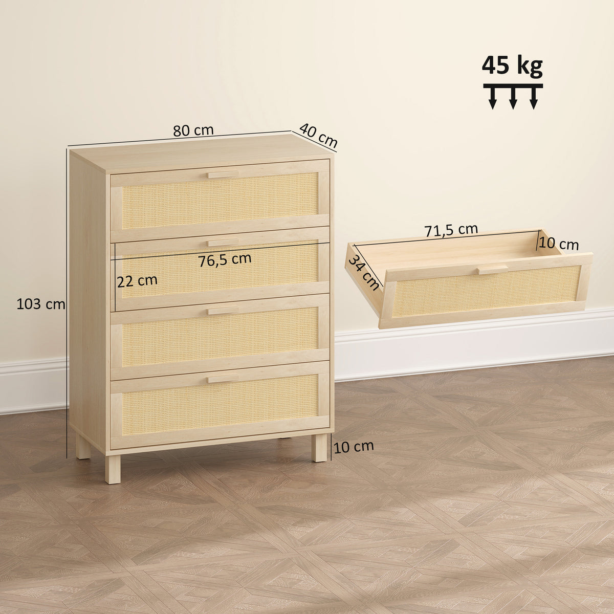 Commode 4 tiroirs cannage en rotin dim. 80L x 40l x 103H cm MDF Aspect Bois Clair-2