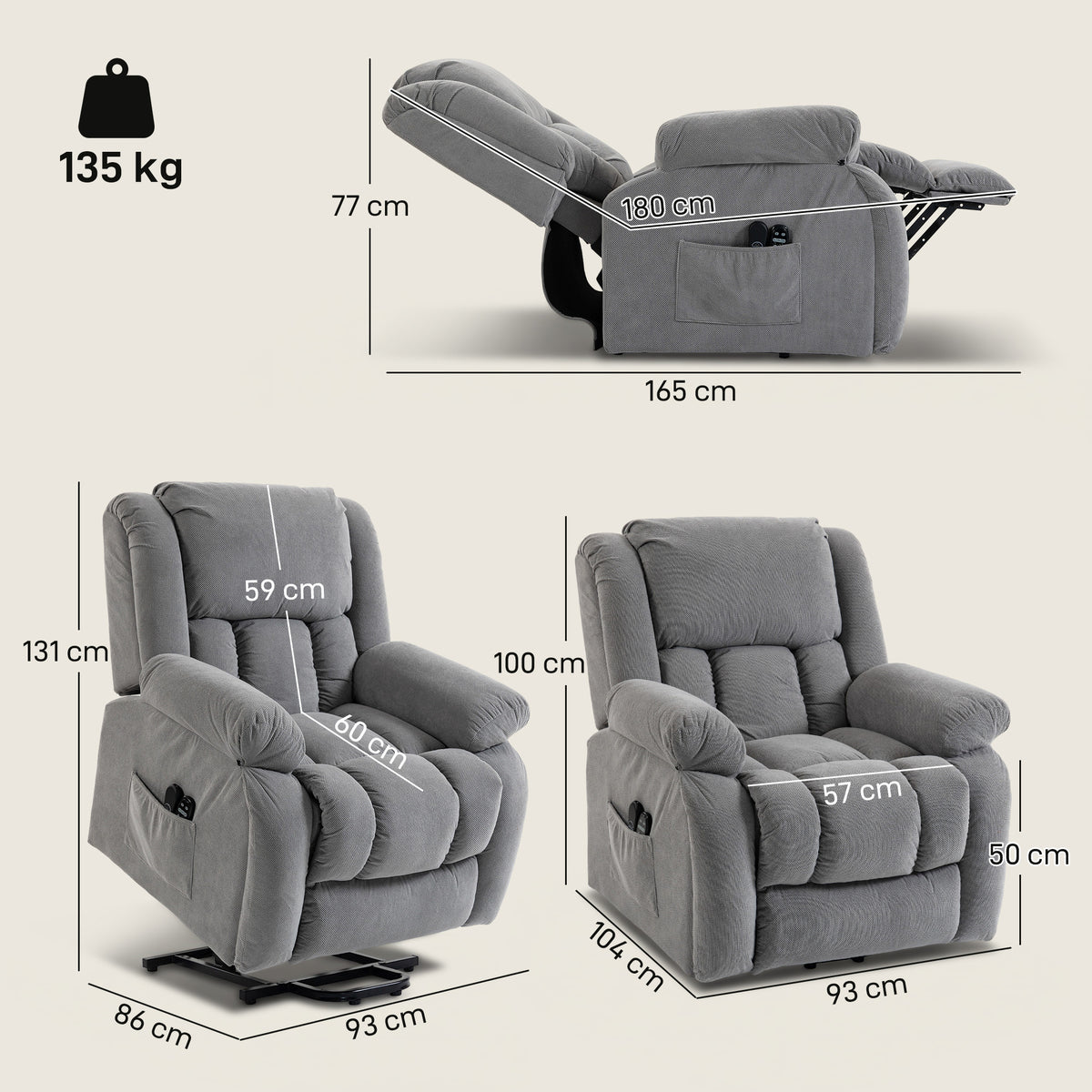 Fauteuil releveur électrique massage et chauffage avec repose-pied, dossier inclinable, télécommande et poche latérale-2