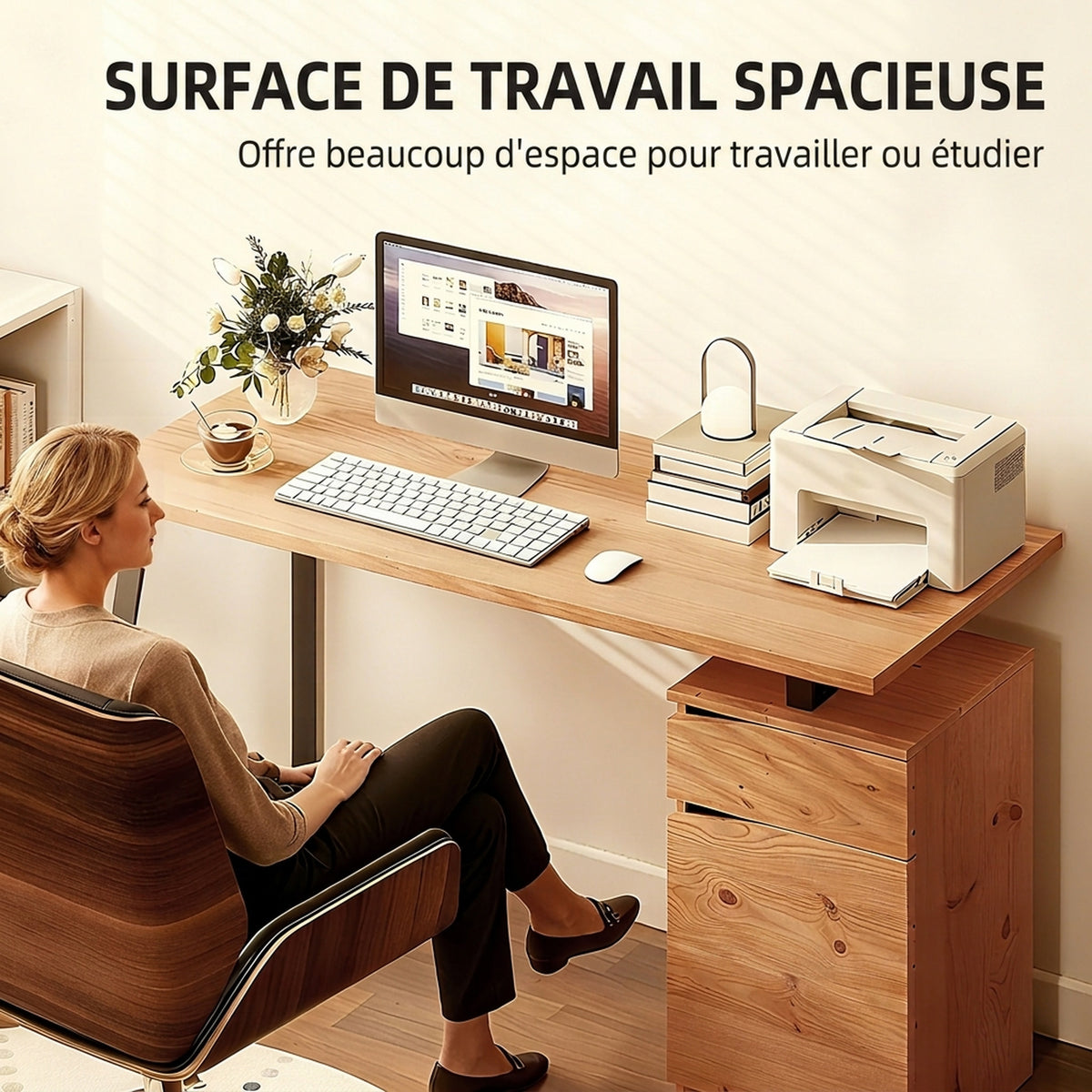 Bureau d'Ordinateur avec Placard et Tiroir 135 x 60 cm, Étagère Réglable, Pieds en Métal, Style Industriel, Bois Naturel-3