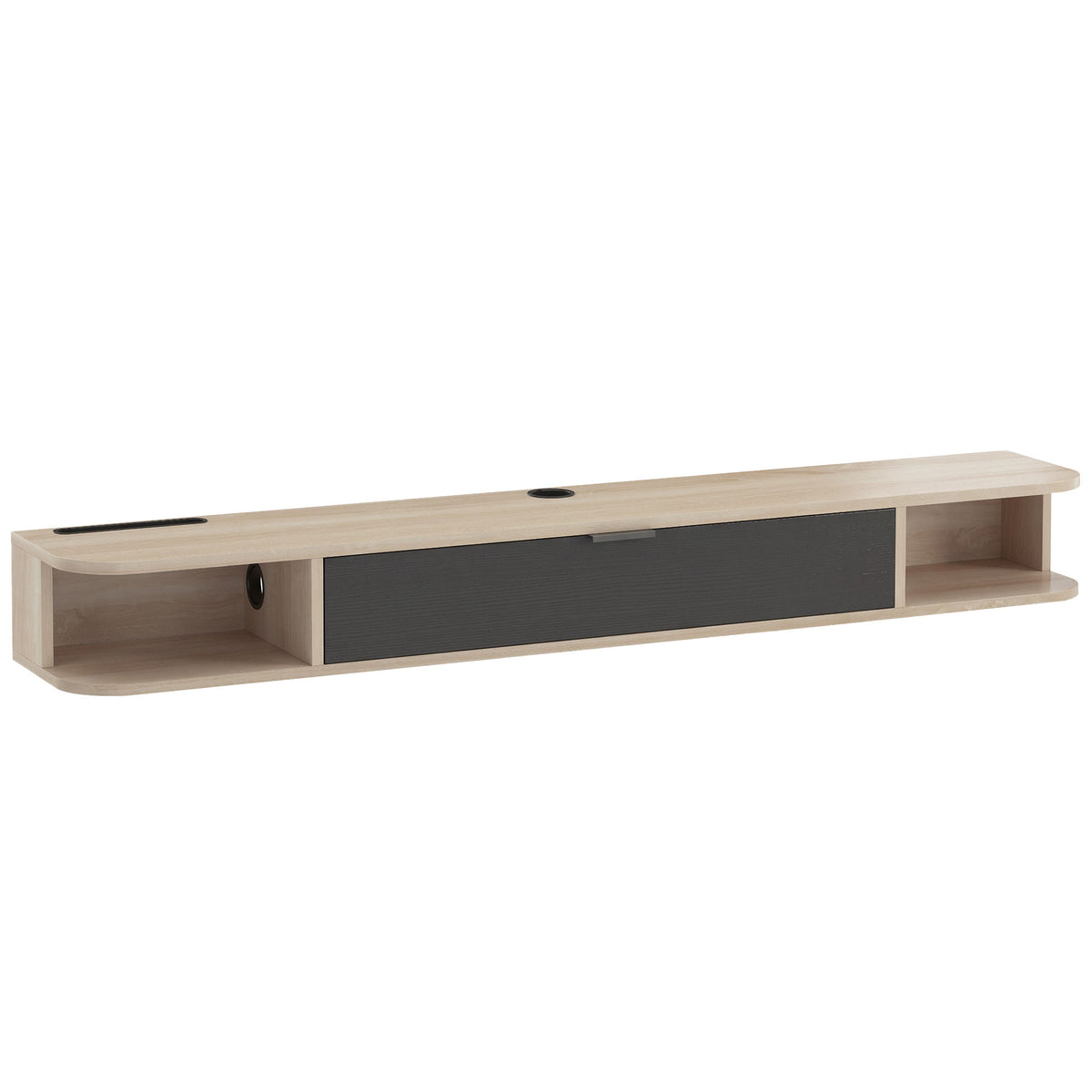 Meuble TV suspendu, meuble télé pour téléviseur jusqu'à 60 pouces, tiroir rabattable 2 étagères 140x24x16cm bois naturel-0