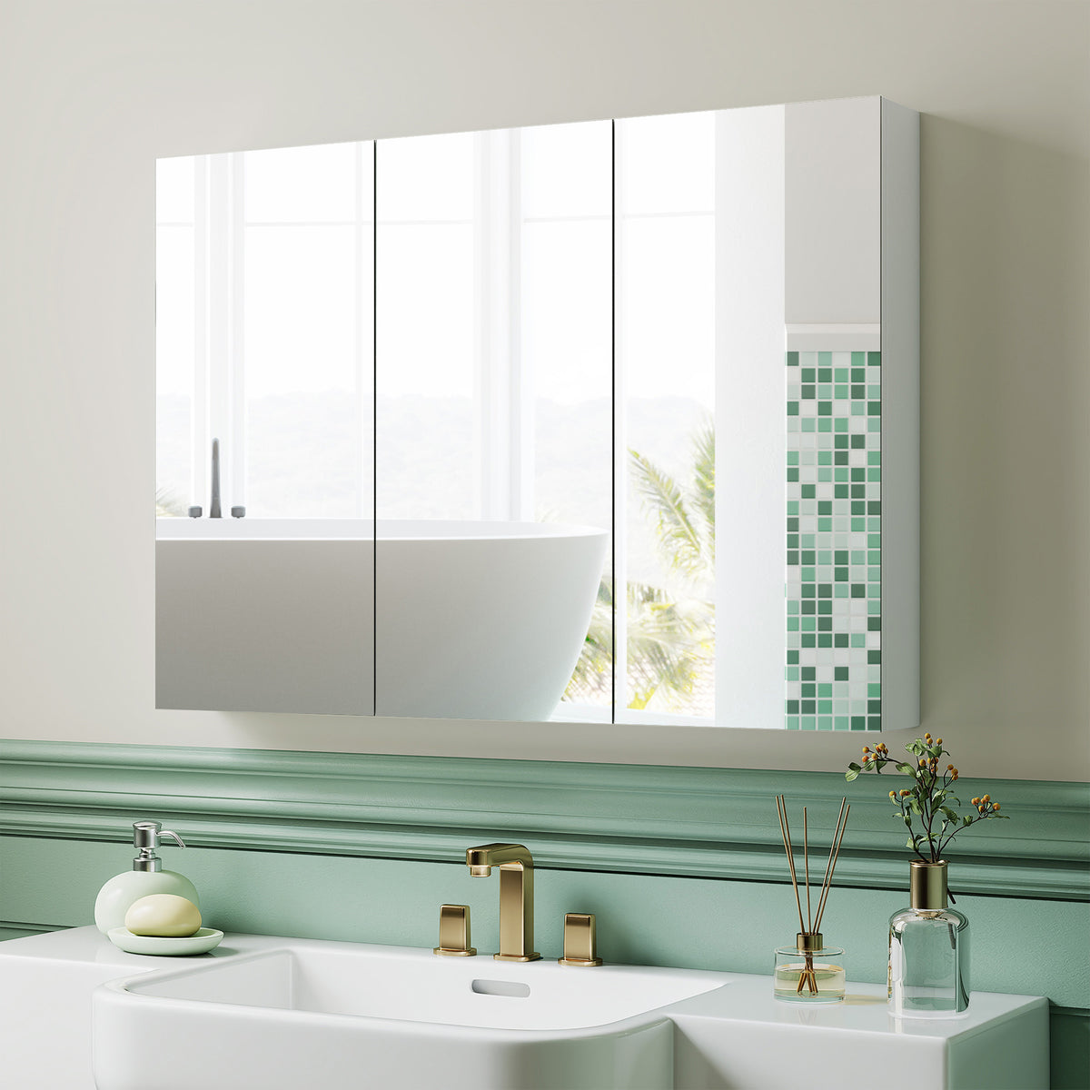 Armoire murale salle de bain avec miroir, armoire de toilette 3 portes miroir, étagères réglables, 91,5x11,5x65cm, blanc-1