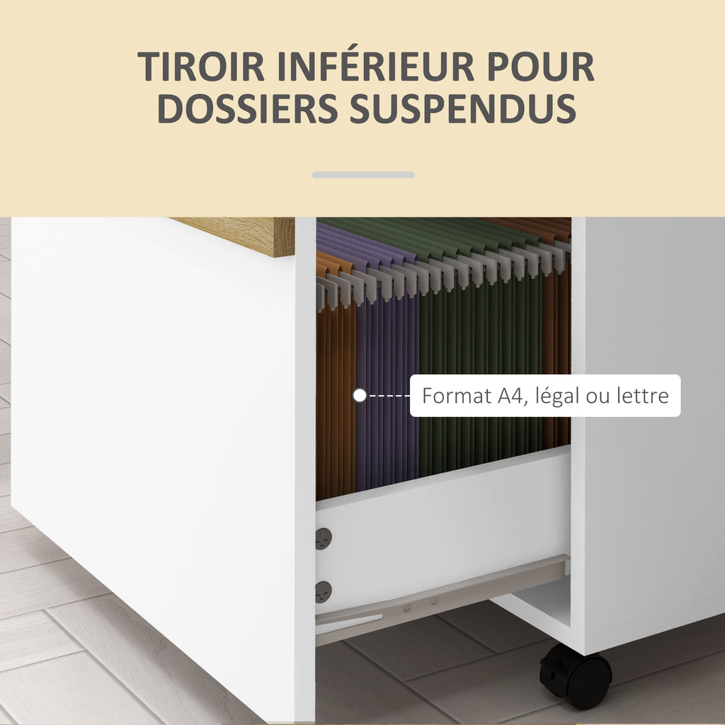 Caisson de bureau à roulettes avec 2 tiroirs coulissants trieur à dossiers 48 x 40 x 59,5 cm blanc-3