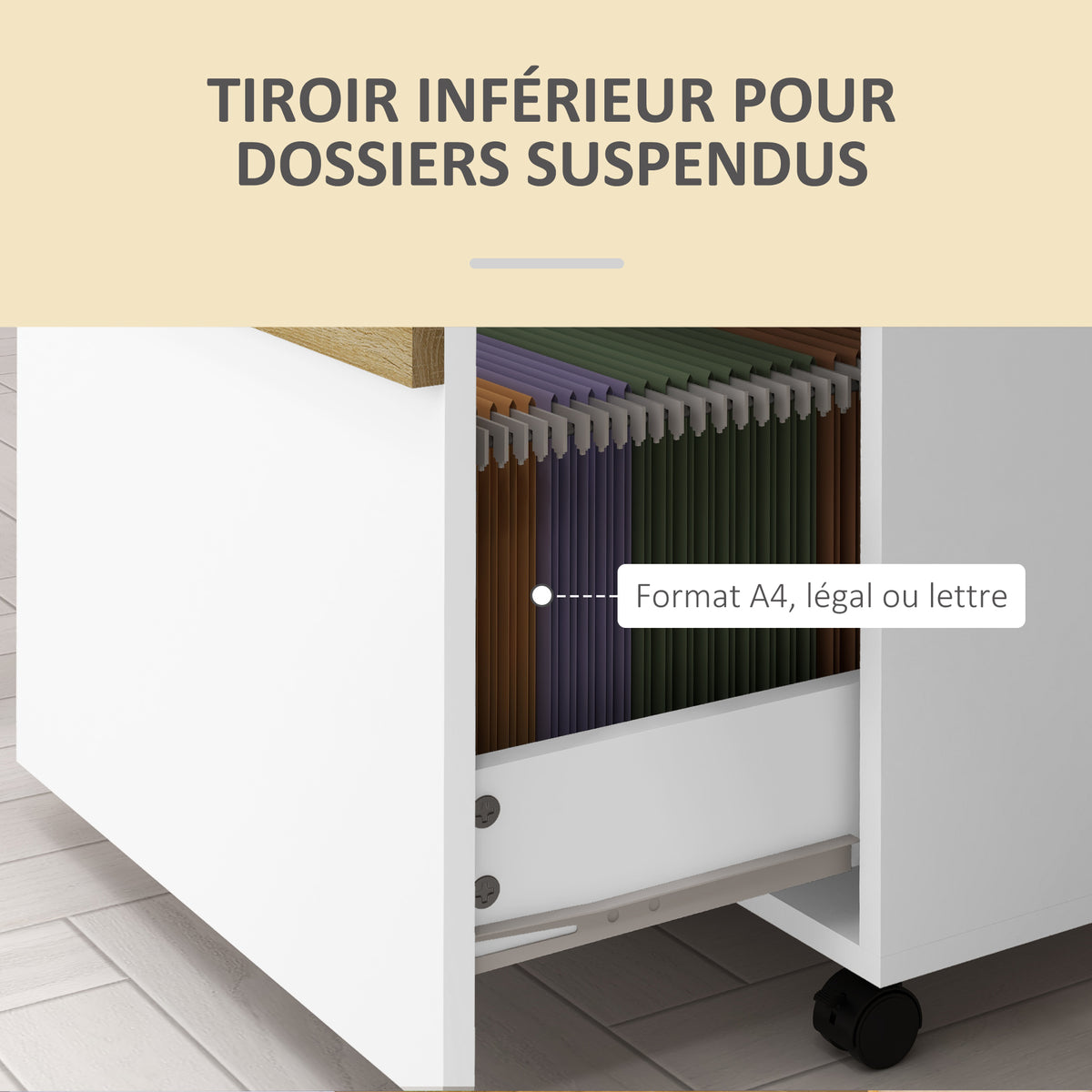 Caisson de bureau à roulettes avec 2 tiroirs coulissants trieur à dossiers 48 x 40 x 59,5 cm blanc-3
