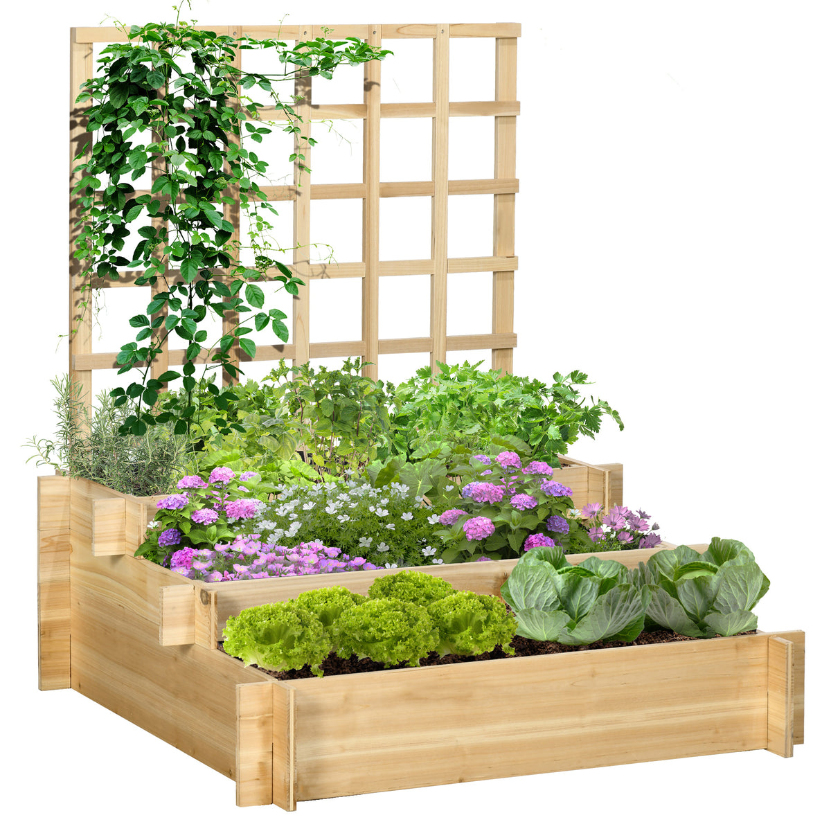 Carré potager jardinière à 3 étages avec treillis lit surélevé en bois pour plantes grimpantes légumes fleurs naturel-0