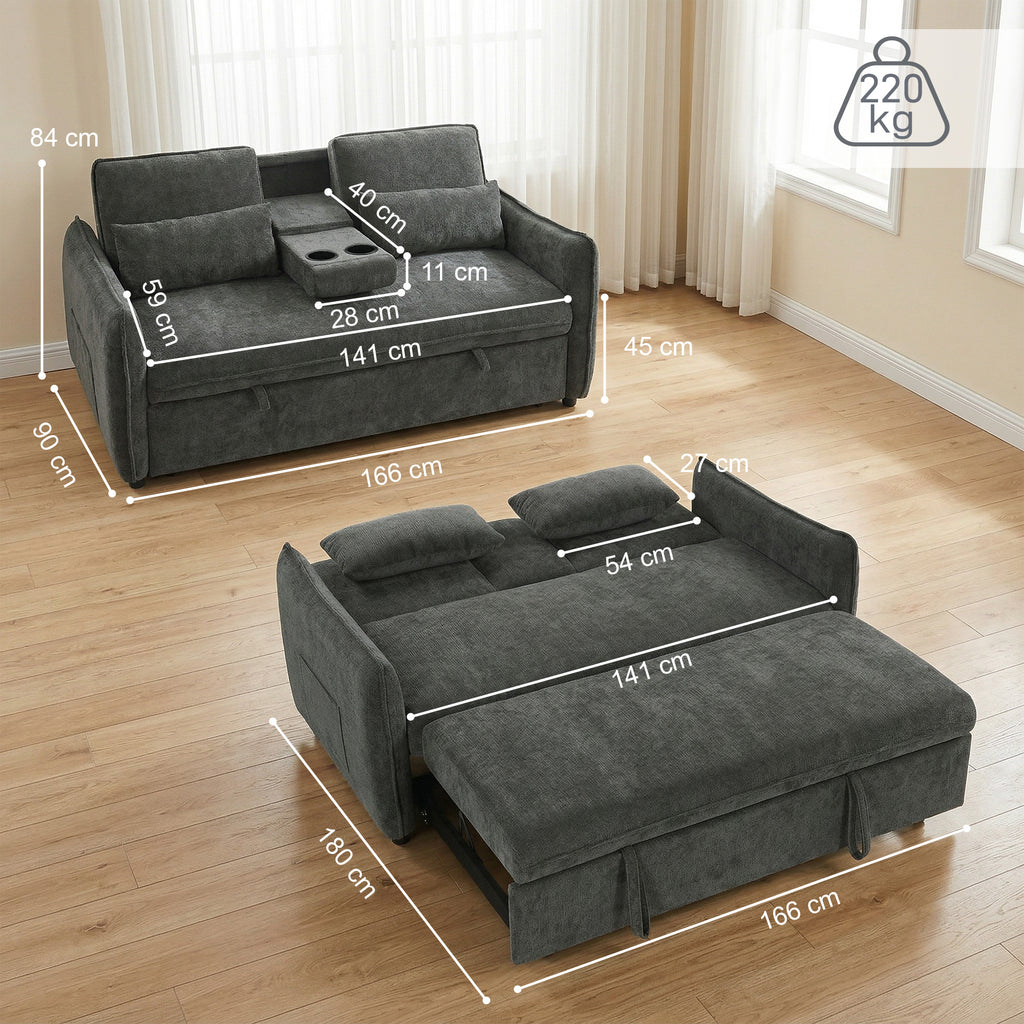 Canapé convertible 2 places 3 en 1, canapé-lit clic clac en chenille avec dossier réglable, porte-gobelets, gris foncé-2