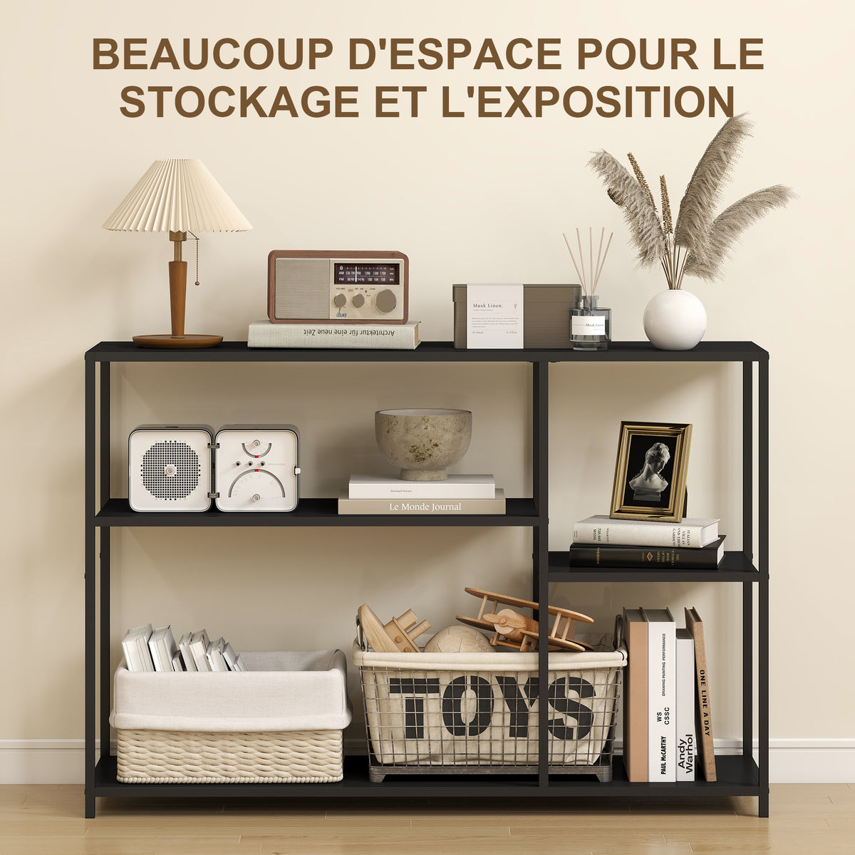 Console meuble étroite à 4 niveaux style industriel cadre en acier, 110 x 30 x 75 cm, noir-3
