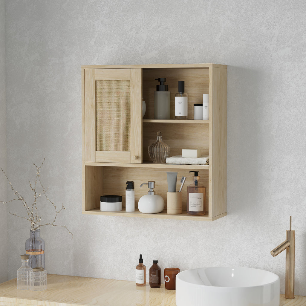 Armoire murale, meuble haut salle de bain avec porte coulissante en rotin et étagères ouvertes, bois naturel-1