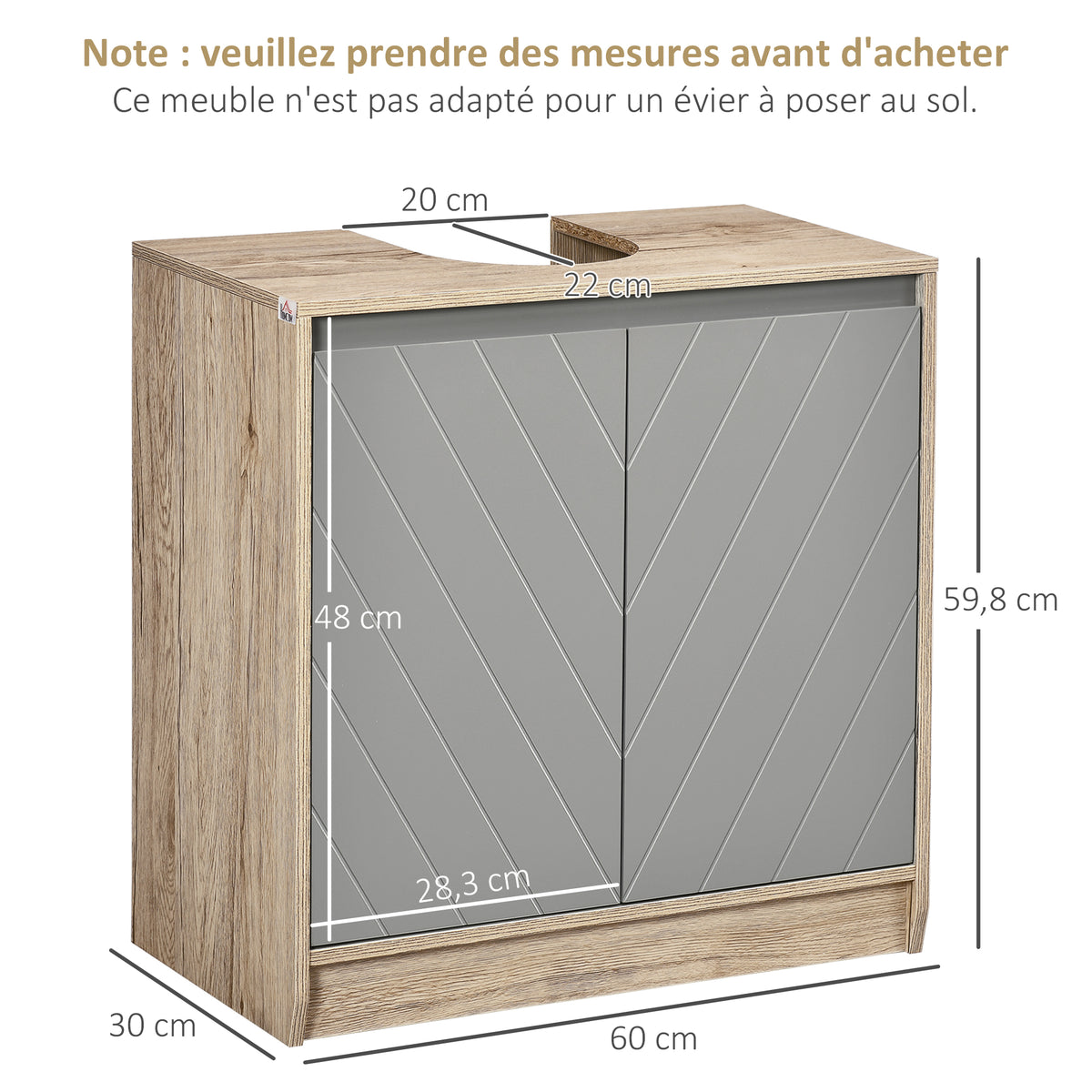 Meuble salle de bain sous Lavabo - meuble sous-vasque - placard 2 portes avec étagère - 60L x 30l x 59,8H cm-2