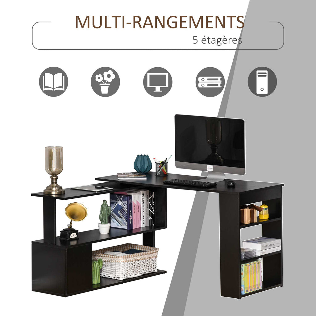Bureau d'angle table de salle à manger avec rangement bureau informatique modulable bibliothèque intégrée + étagère 3 niveaux noir-4