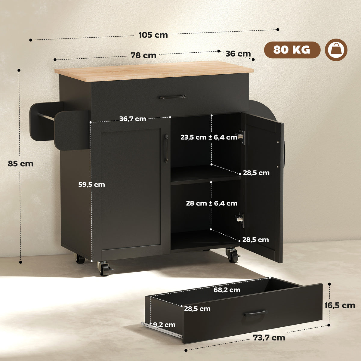 Dessert îlot de cuisine multi-rangements tiroirs placard 2 portes avec étagère réglable 105 x 36 x 85 cm noir-2
