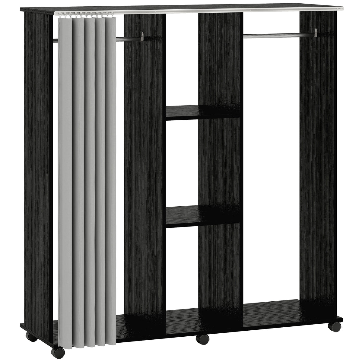 Armoire penderie Meuble de Rangement Mobile 6 roulettes 120L x 40l x 128H cm en bois Noir-0