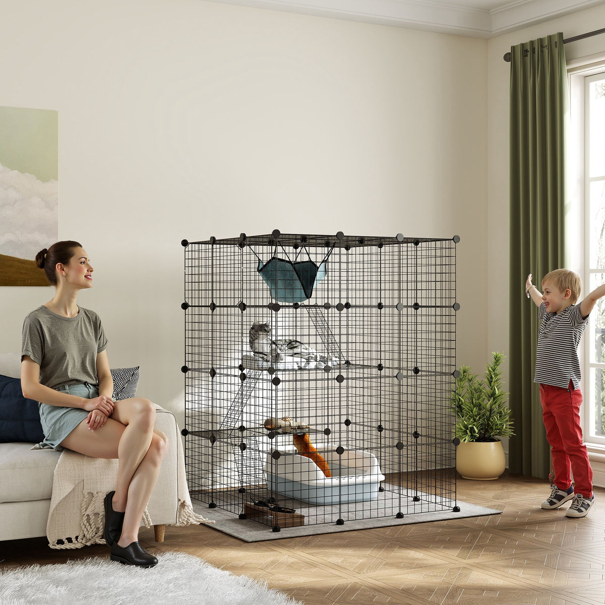 Clôture pour animaux domestiques lapin enclos intérieur 4 niveaux modulable panneaux grillagés 105 x 105 x 140 cm noir-1