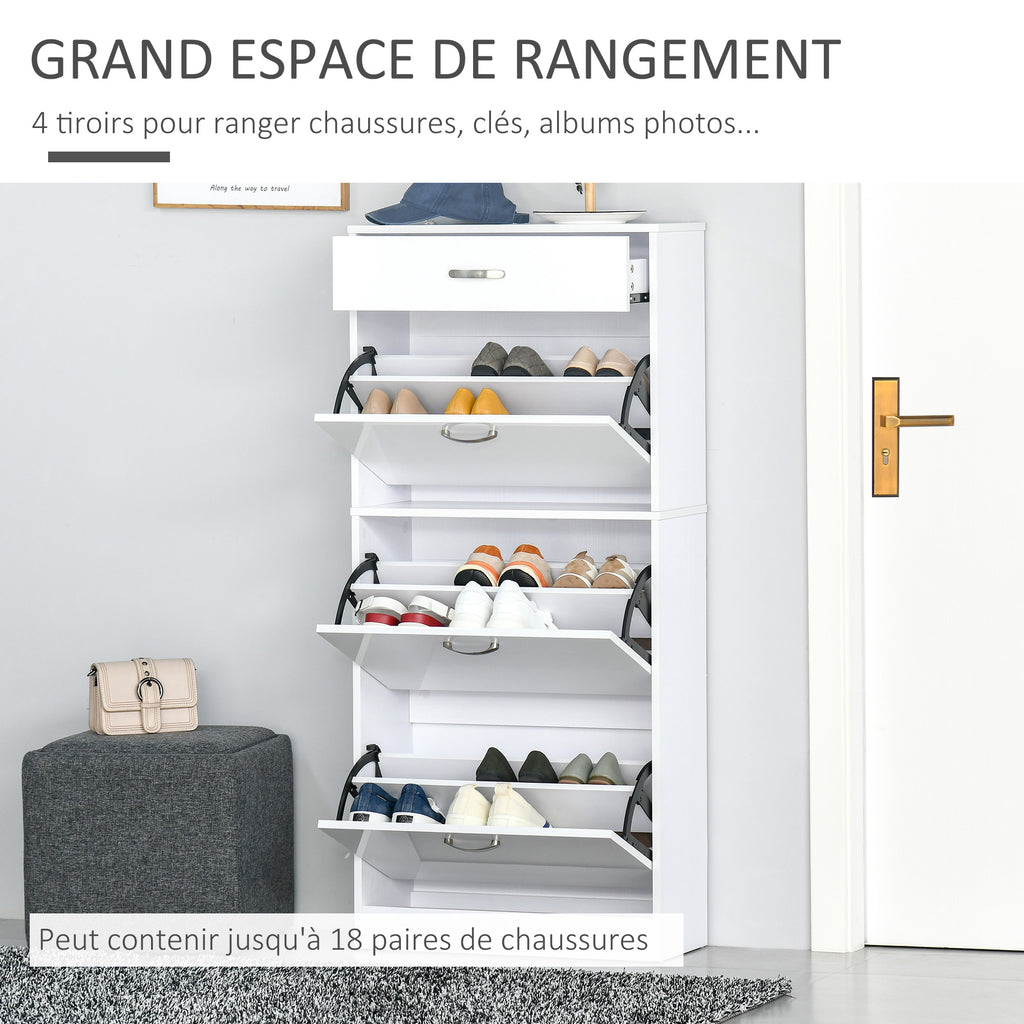 Meuble à Chaussures - 3 Portes abattantes et tiroir Coulissant - dim. 62L x 24l x 135H cm Blanc-3