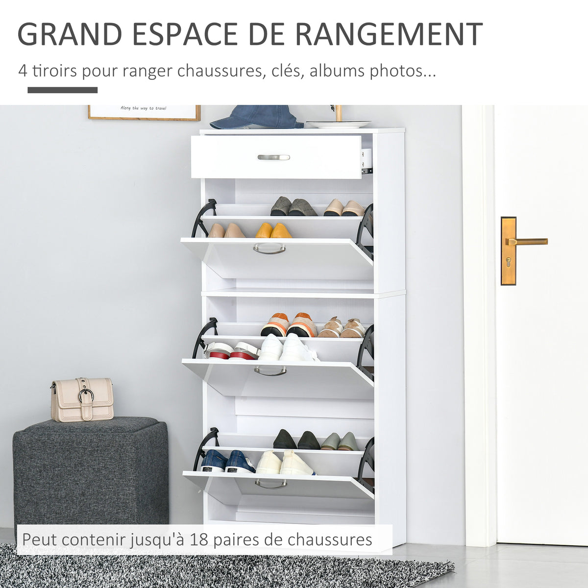 Meuble à Chaussures - 3 Portes abattantes et tiroir Coulissant - dim. 62L x 24l x 135H cm Blanc-3
