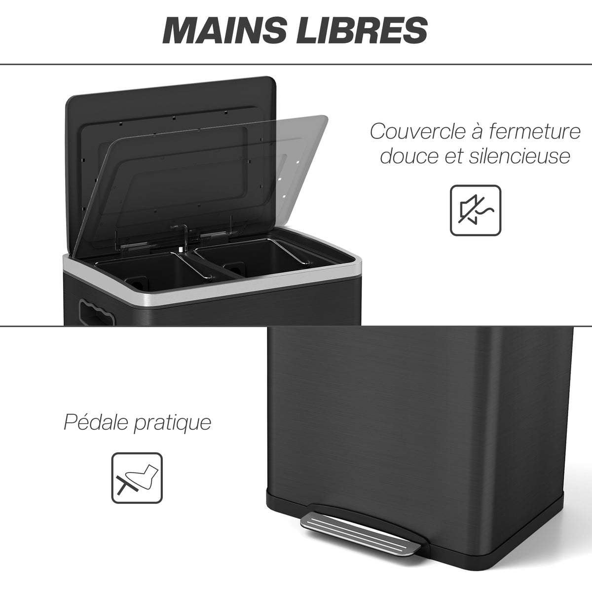 Poubelle de cuisine 2 compartiments de 2 x 20L, poubelle avec pédale, couvercle à fermeture douce 40 x 34,8 x 59 cm noir-4