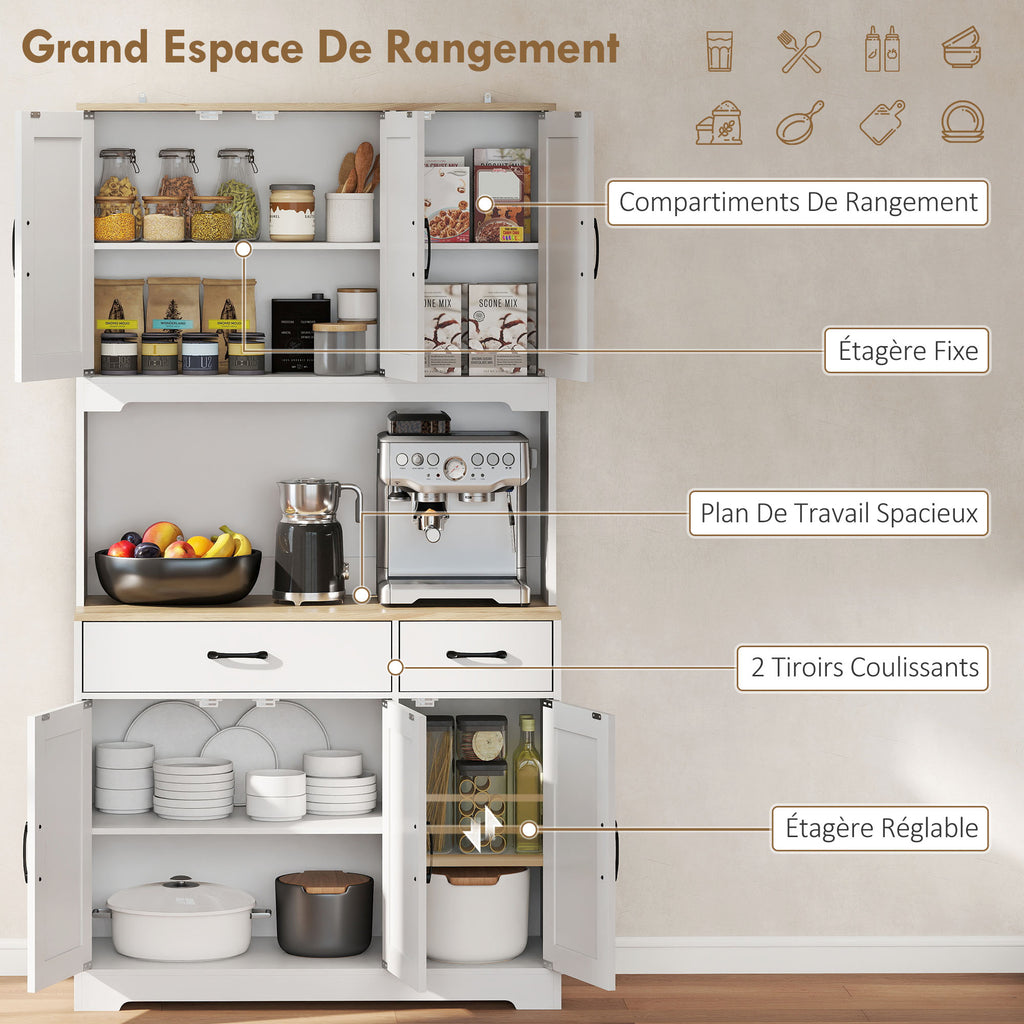 Buffet haut cuisine armoire de cuisine avec 6 portes 2 tiroirs plan de travail étagères réglables 94x39,5x175,2cm blanc-3