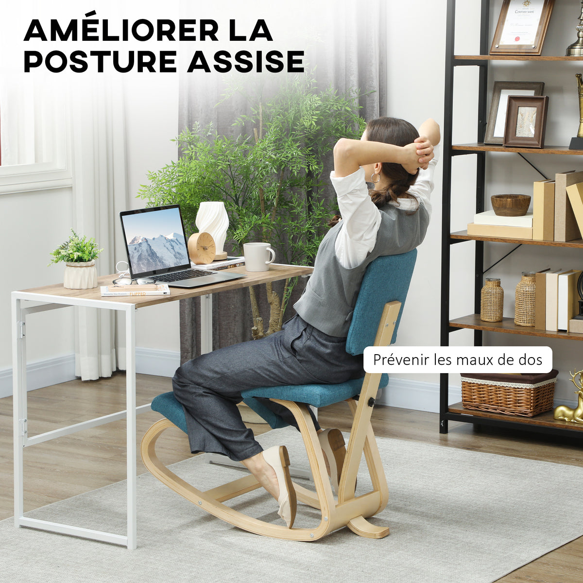 Chaise à genoux ergonomique avec dossier, siège assis genoux à bascule, correcteur de posture 51x84x93cm bleu foncé-3