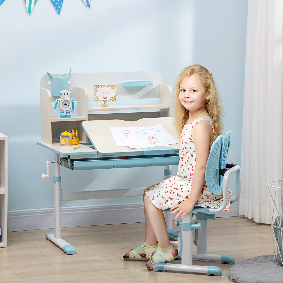 Ensemble bureau et chaise pour enfants hauteur réglable et plateau inclinable 0-60° table 80 x 52 x 88-109 cm bleu-1