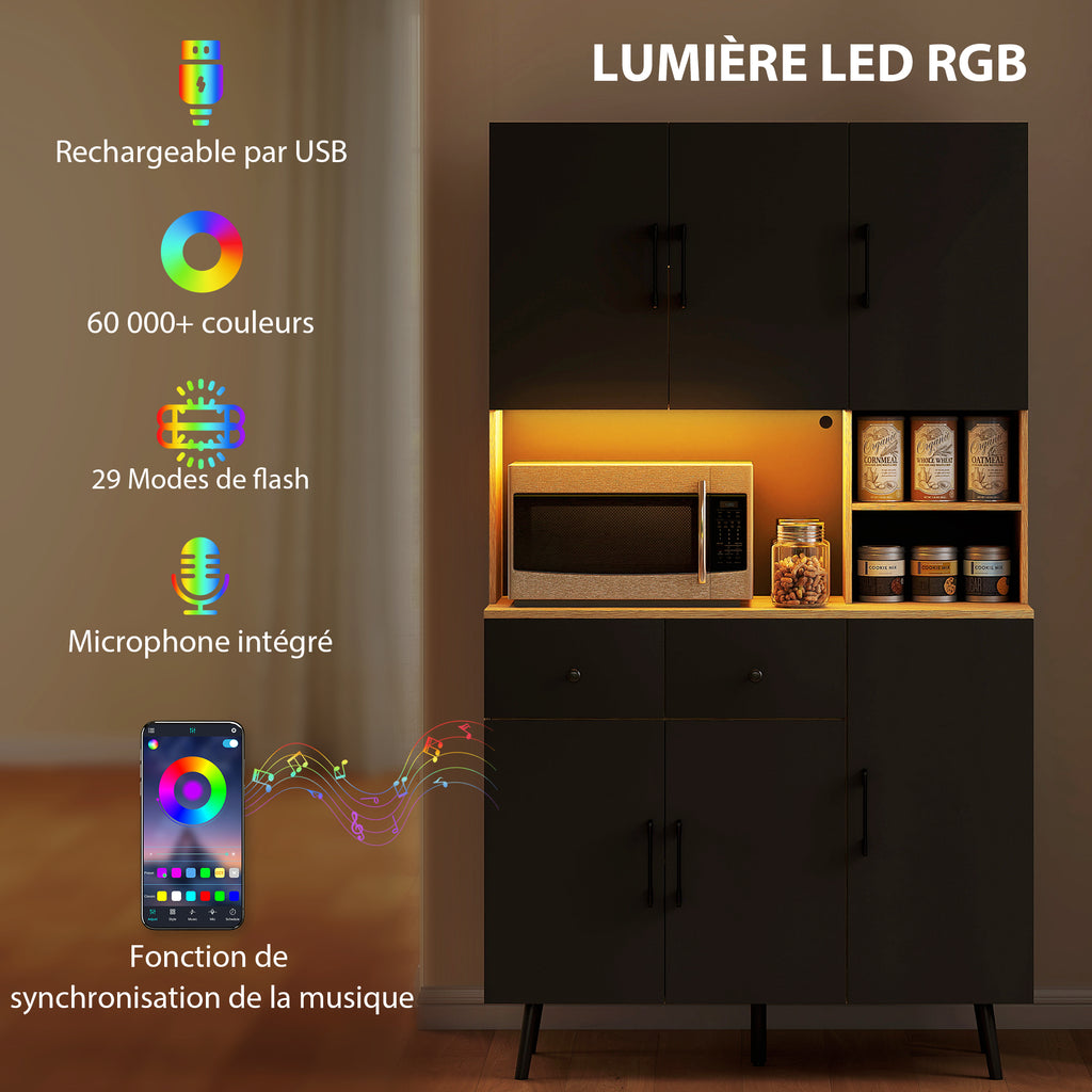 Buffet cuisine meuble cuisine rangement haut avec lumière LED RGB plan de travail 6 portes 2 tiroirs 100x40x176cm noir-3