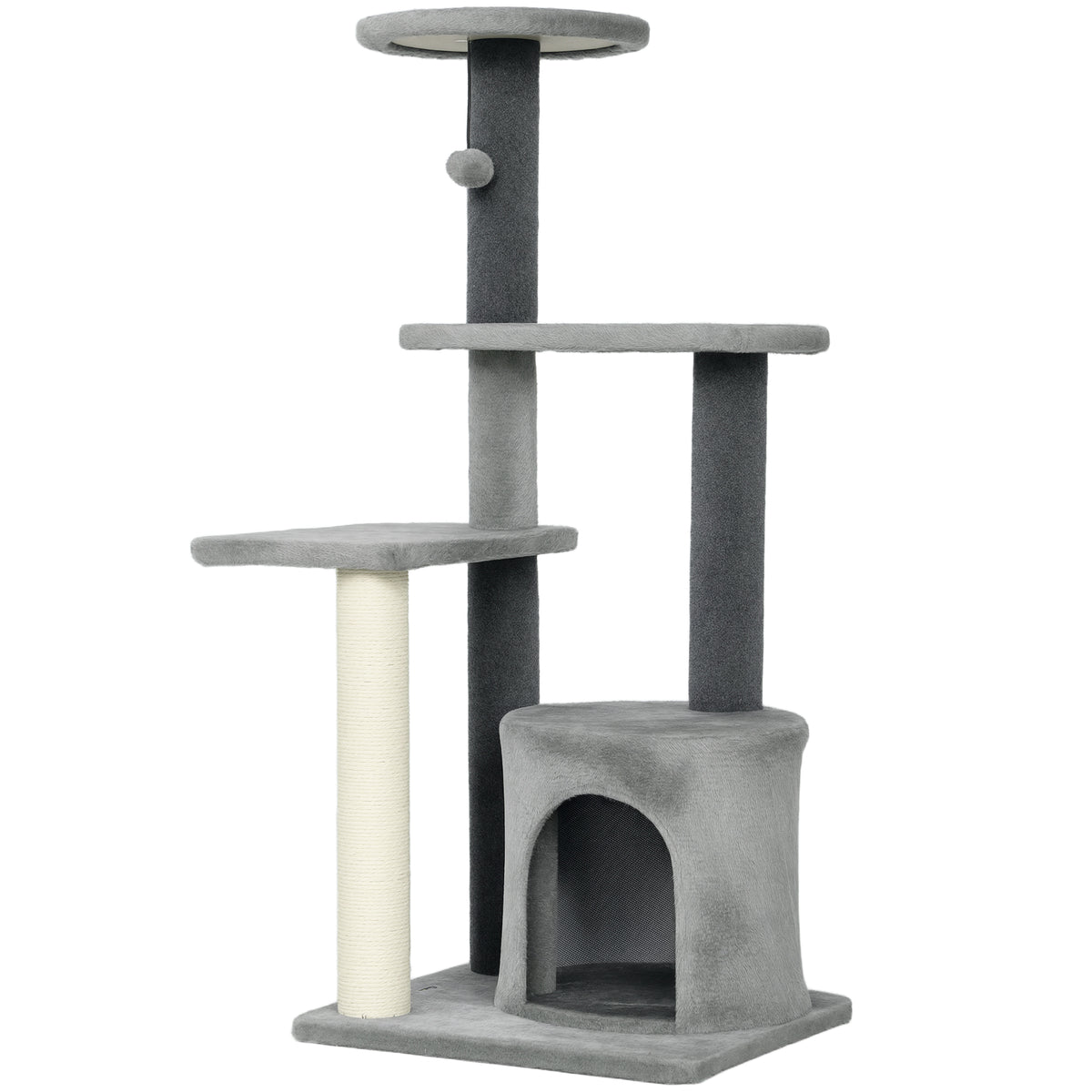 Arbre à Chat Hauteur 103 cm, Platesformes, Niche en Peluche, Balle en Peluche, Poteaux en Sisal, Base Renforcé, Gris-0