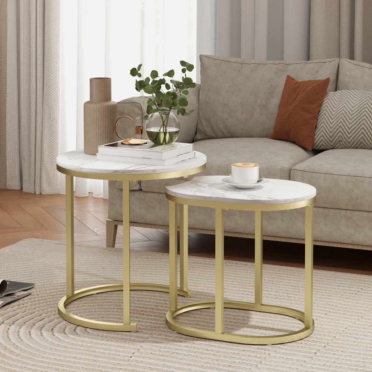Lot de 2 tables basses tables d'appoint gigognes encastrables structure en acier et plateau en bois aspect marbre or-1