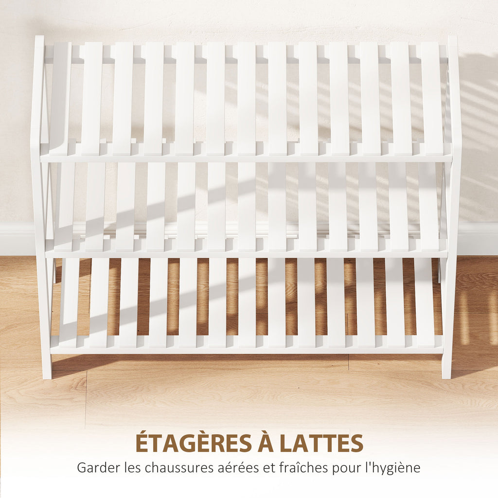 Étagère à chaussures, porte-chaussures 3 niveaux, étagères à lattes, en bois de pin， 70 x 26 x 57,5 cm, blanc-4
