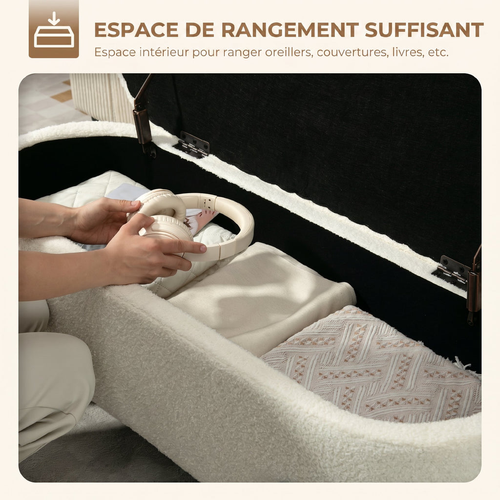 Banc de rangement, banc coffre de rangement en tissu bouclette avec couvercle relevable et pieds en acier, crème-3