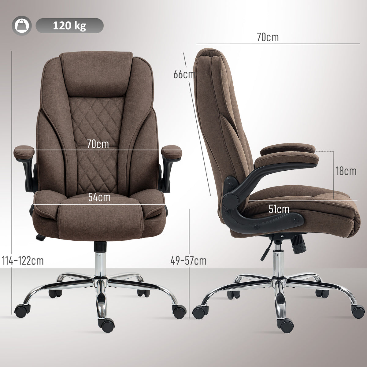 Fauteuil de bureau, chaise bureau ergonomique, hauteur réglable, accoudoirs relevables, 70 x 70 x 114-122 cm, marron-2