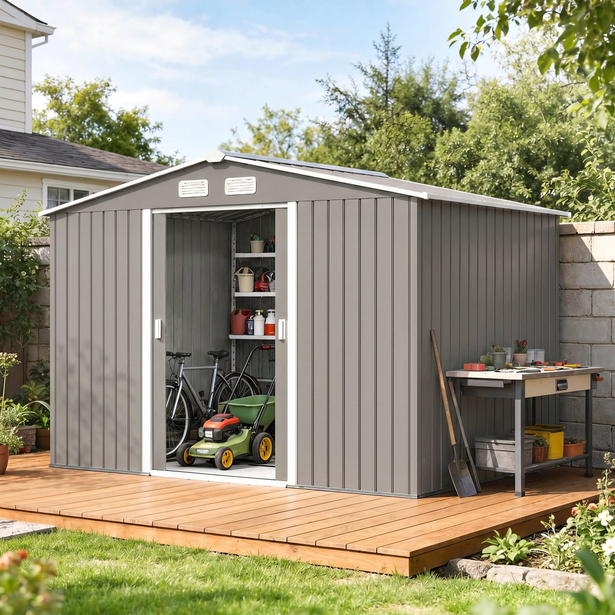 Abri de jardin 5,4 m² 2,77 x 1,95 x 1,92 m kit de fondation porte coulissante ventilations acier galvanisé, gris-1