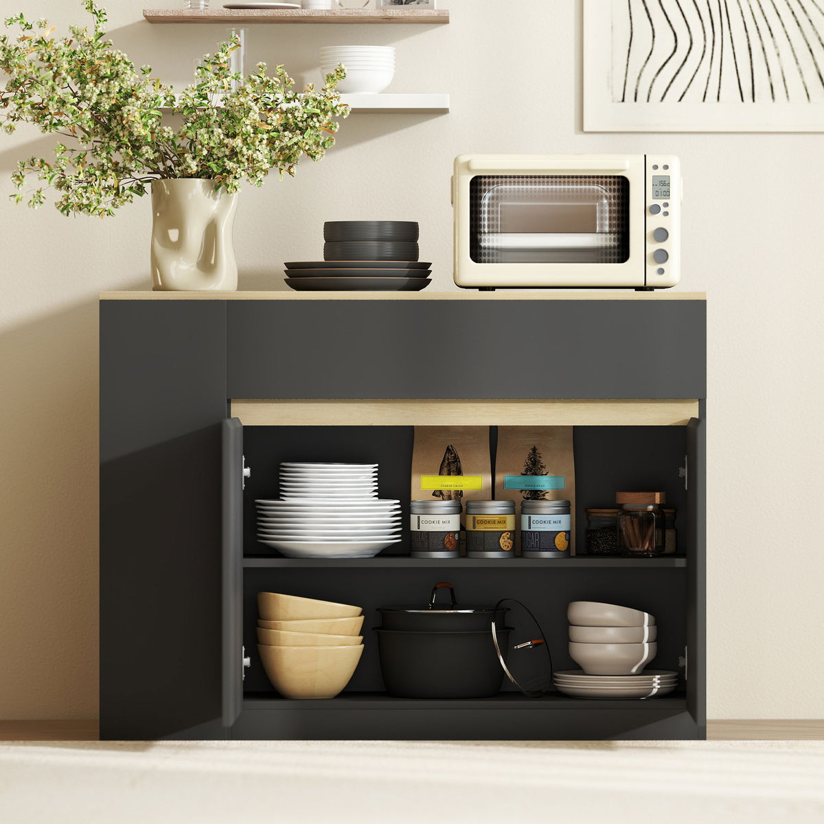 Buffet meuble de rangement avec 2 tiroirs 3 étagères ouvertes et placard 2 portes 110 x 29,5 x 82 cm noir-7