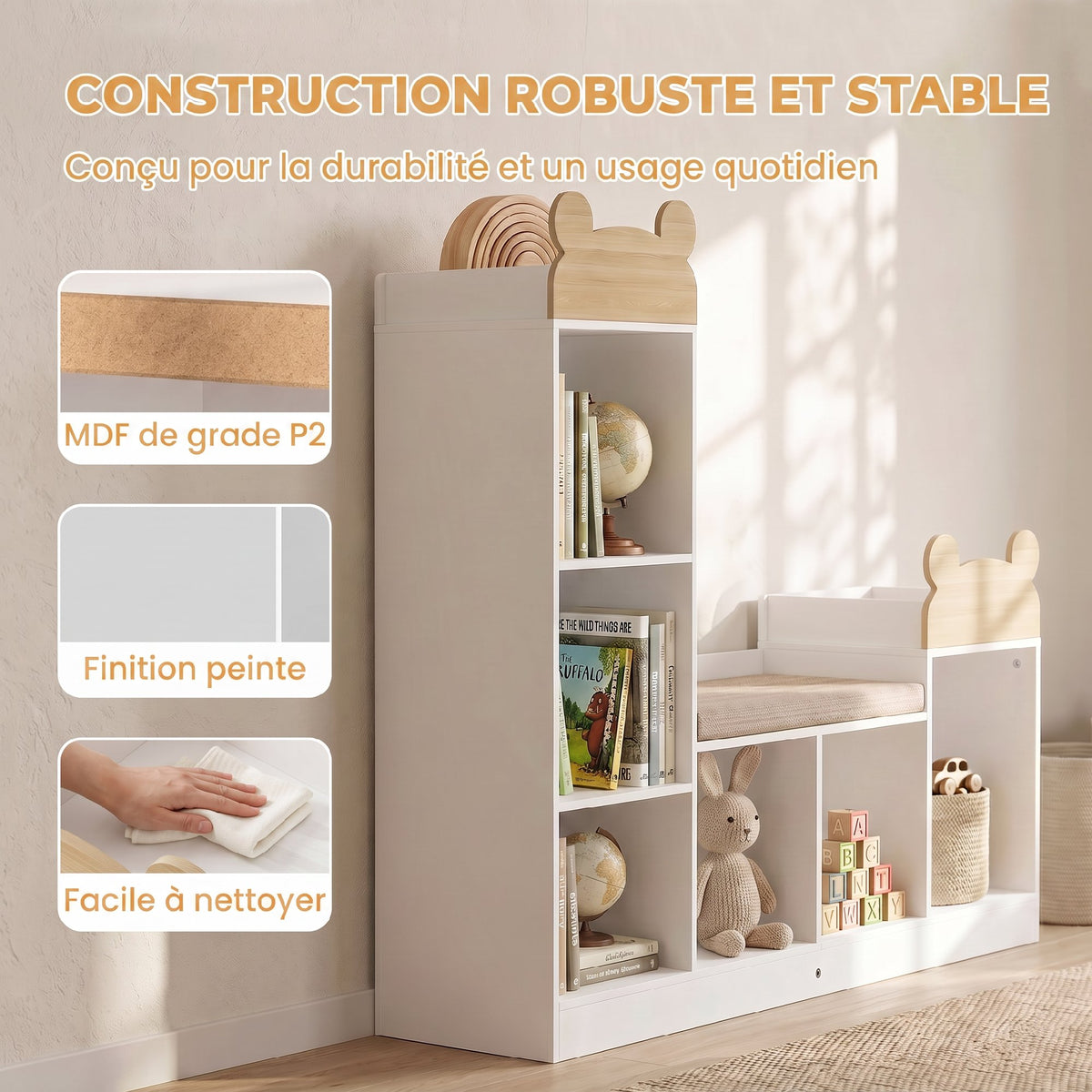 Bibliothèque Enfant, Meuble Rangement Enfant 3 en 1 avec Banc, 6 Compartiments, 2 Étagères, Coussin d'Assise, Blanc-5
