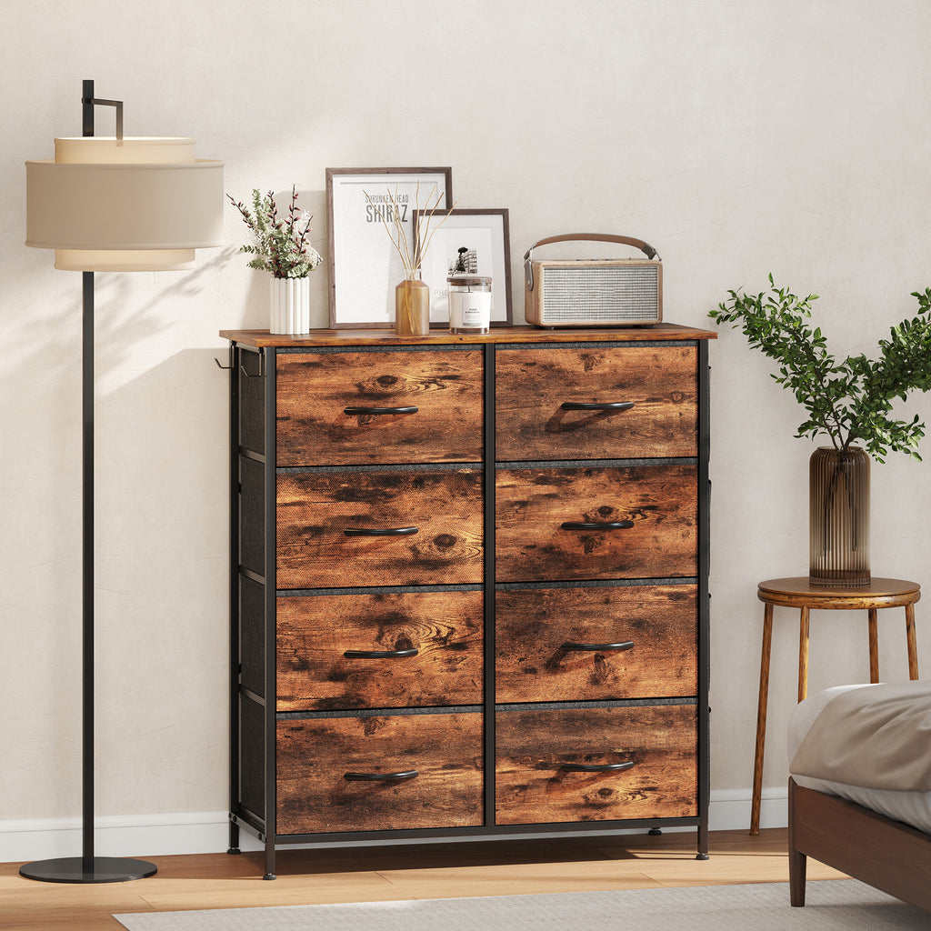 Commode 8 tiroirs en tissu, meuble de rangement, 4 poches, 2 crochets, structure en acier, 86x30x94,5cm, brun rustique-9
