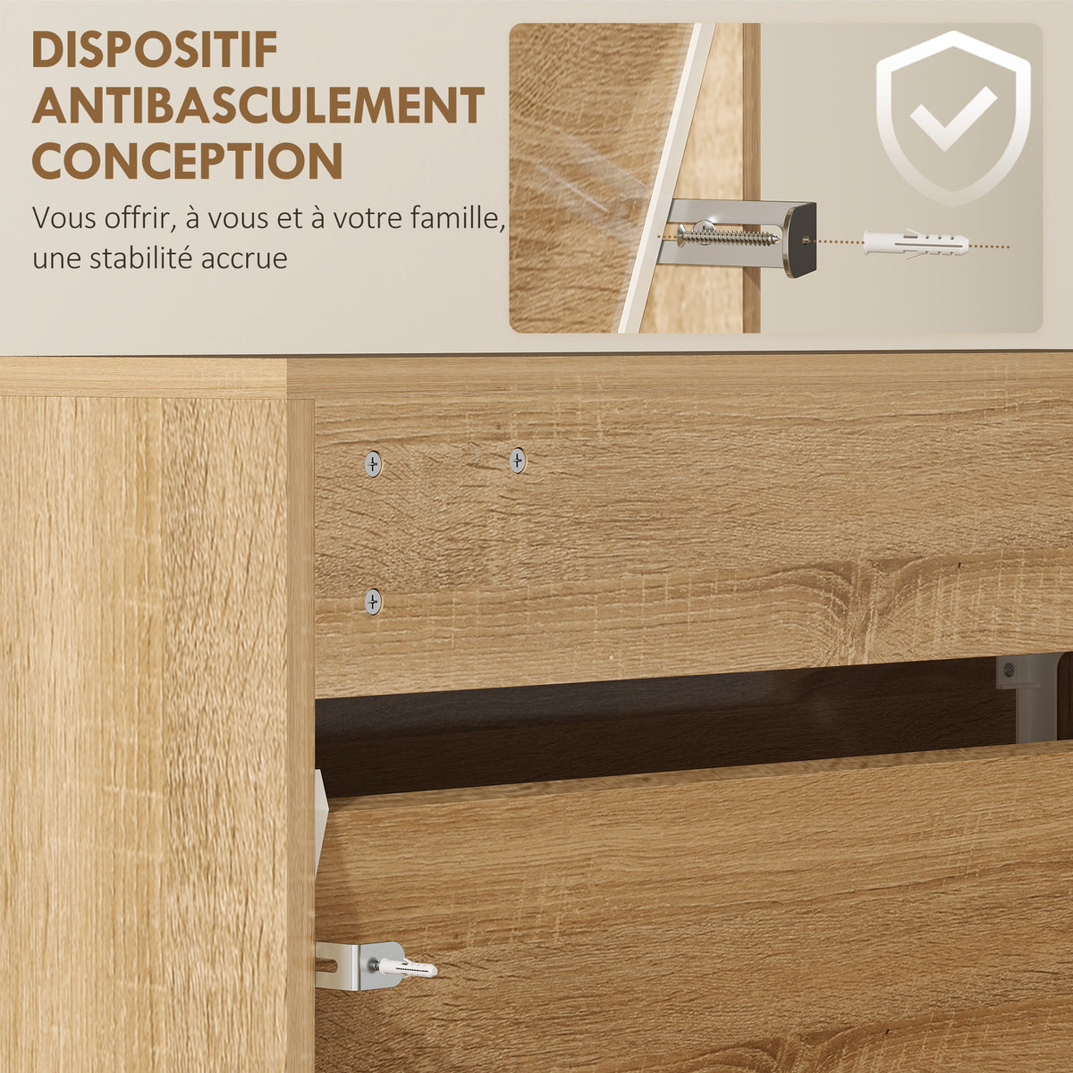 Meuble à chaussures 9 paires, armoire à chaussures étroite, 3 tiroirs rabattables portes miroirs, 65x17x114,5cm naturel-6