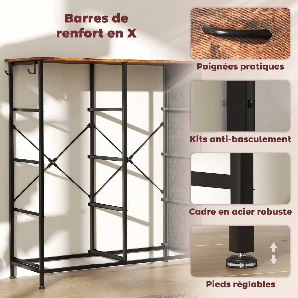 Commode 8 tiroirs en tissu, meuble de rangement, 4 poches, 2 crochets, structure en acier, 86x30x94,5cm, brun rustique-6