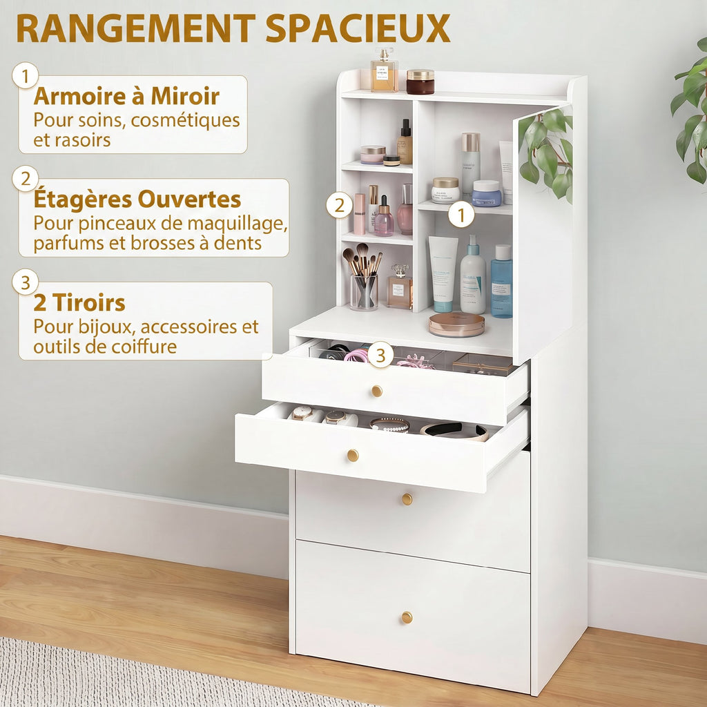 Coiffeuse avec miroir et tabouret de rangement mobile, table de maquillage, tiroirs, placard et étagères ouvertes, blanc-4