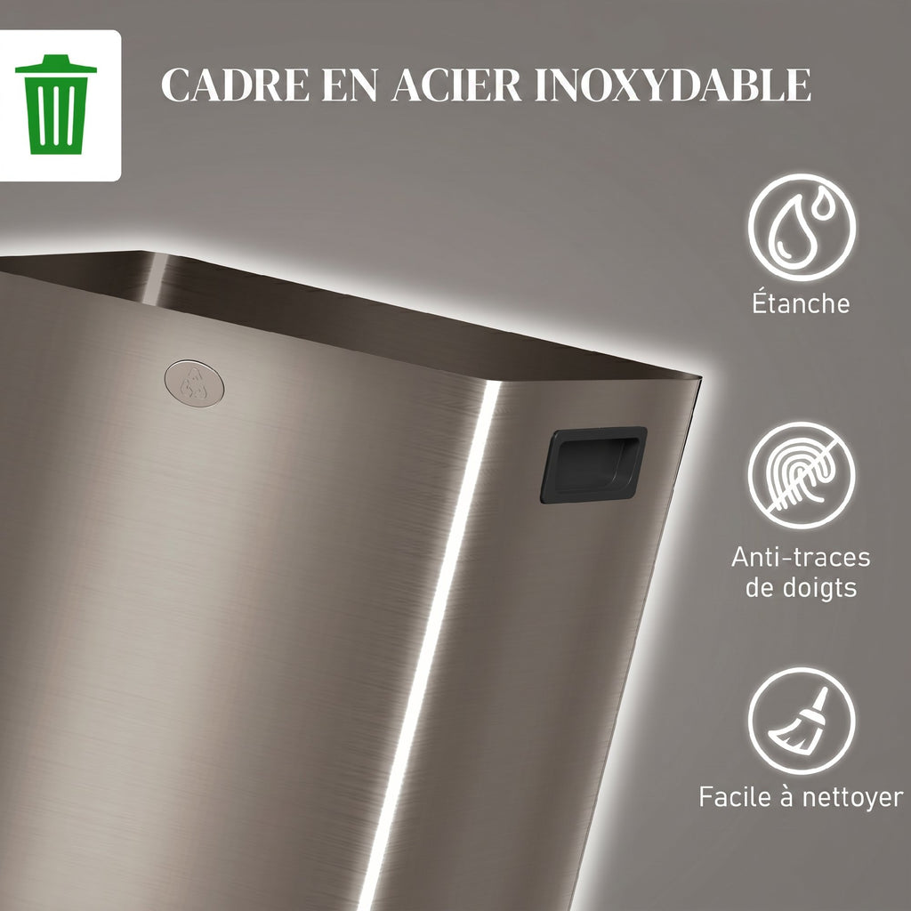 Poubelle de cuisine 2 compartiments de 2 x 20L, acier inoxydable, couvercle à fermeture douce, 45,8x36x51,6cm, or-7