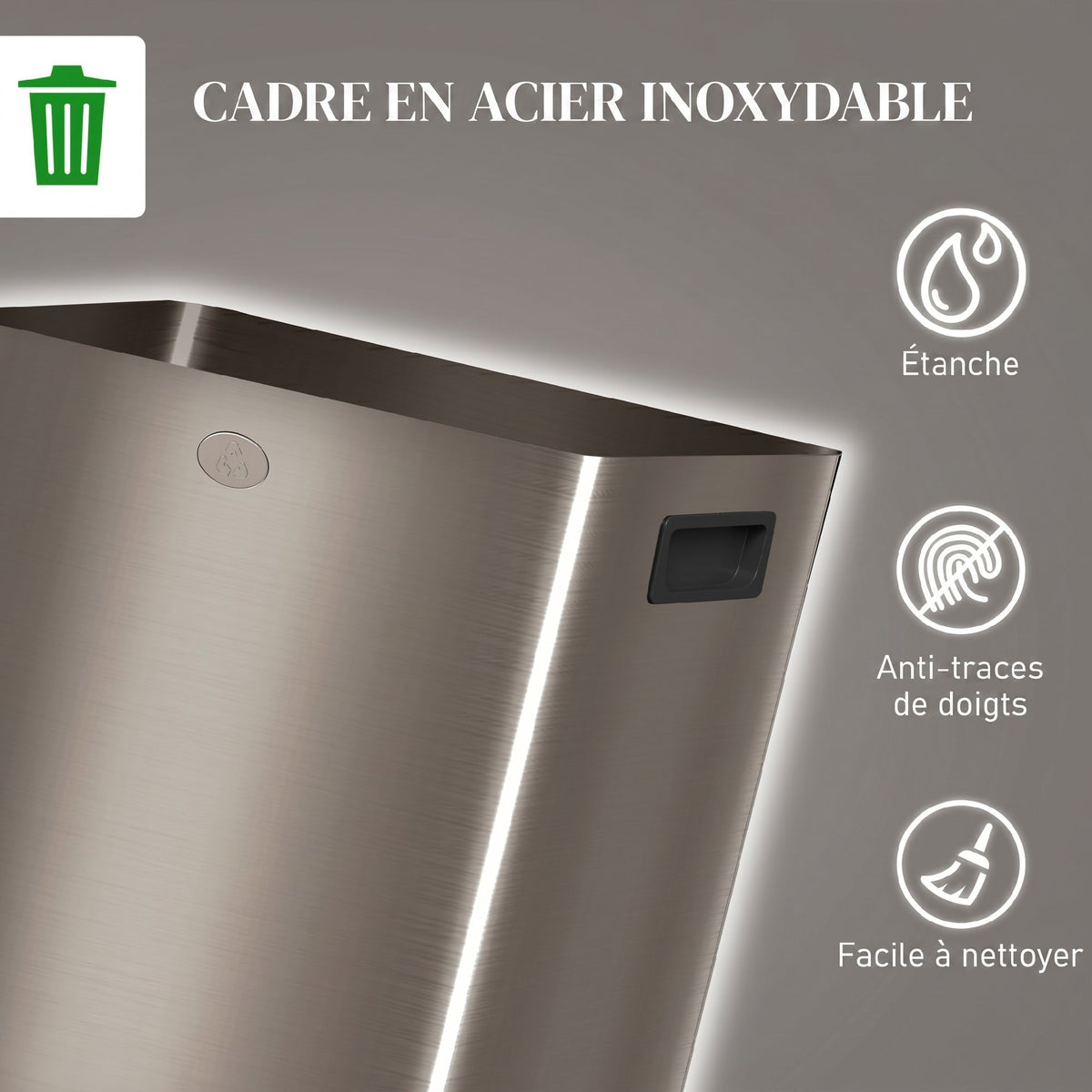 Poubelle de cuisine 2 compartiments de 2 x 20L, acier inoxydable, couvercle à fermeture douce, 45,8x36x51,6cm, or-7